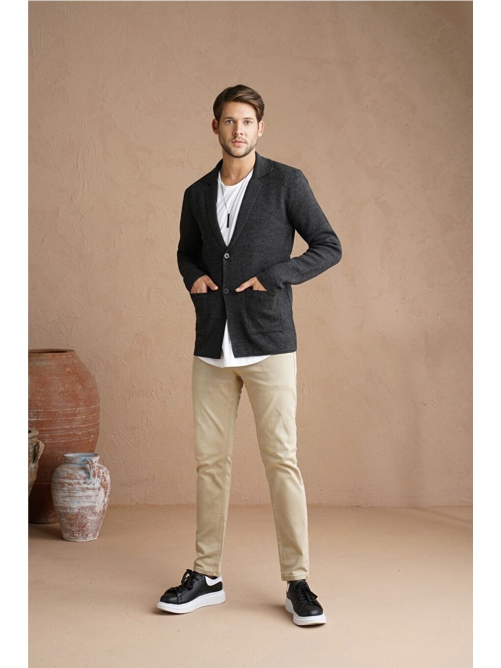 Erkek Antrasit Şal Yaka Çelik Örgü Ceket Hırka-hrkckt1824r04s-3