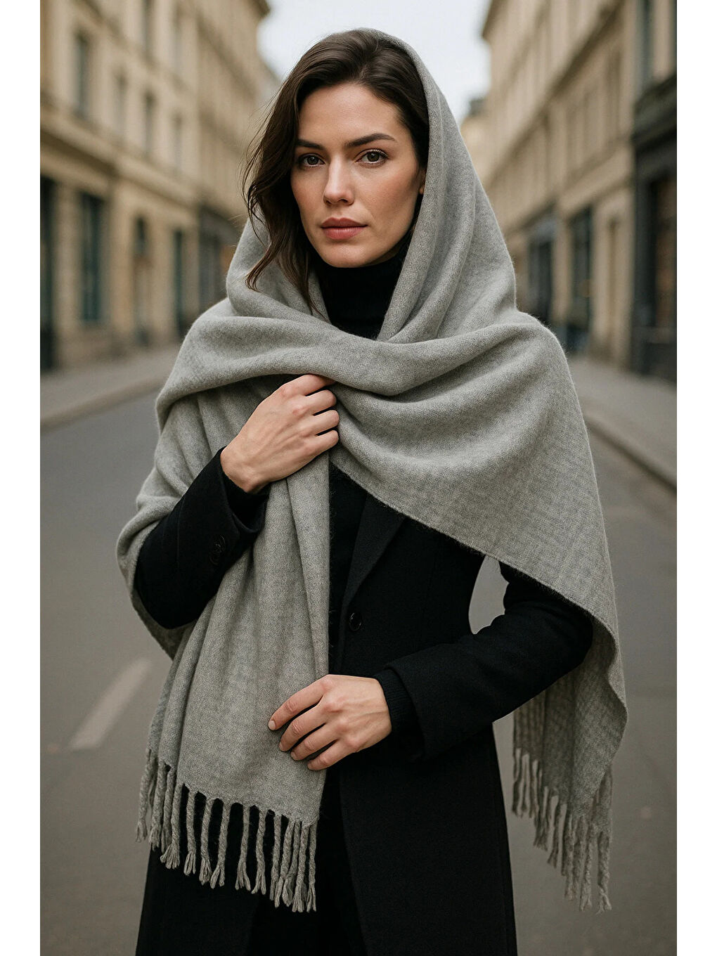 Gri Püsküllü Atkı – Şal Ve Geniş Yapı, Soğuk Hava Için Ideal Sal1296