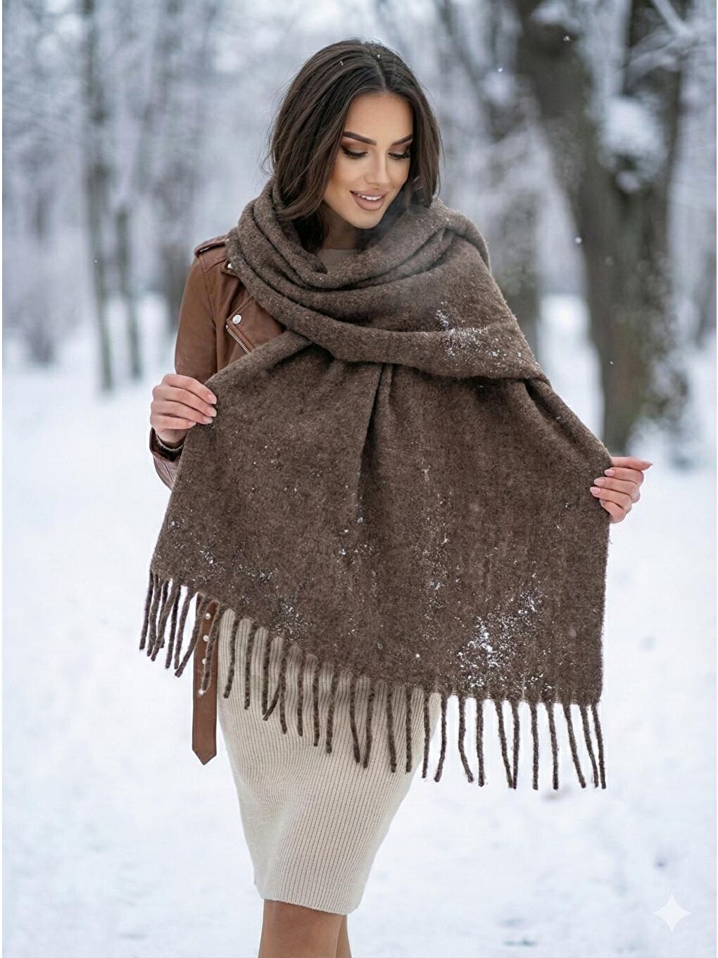 Bej Vizon Püsküllü Atkı – Şal Ve Geniş Yapı, Soğuk Hava Için Ideal Sal1296-6