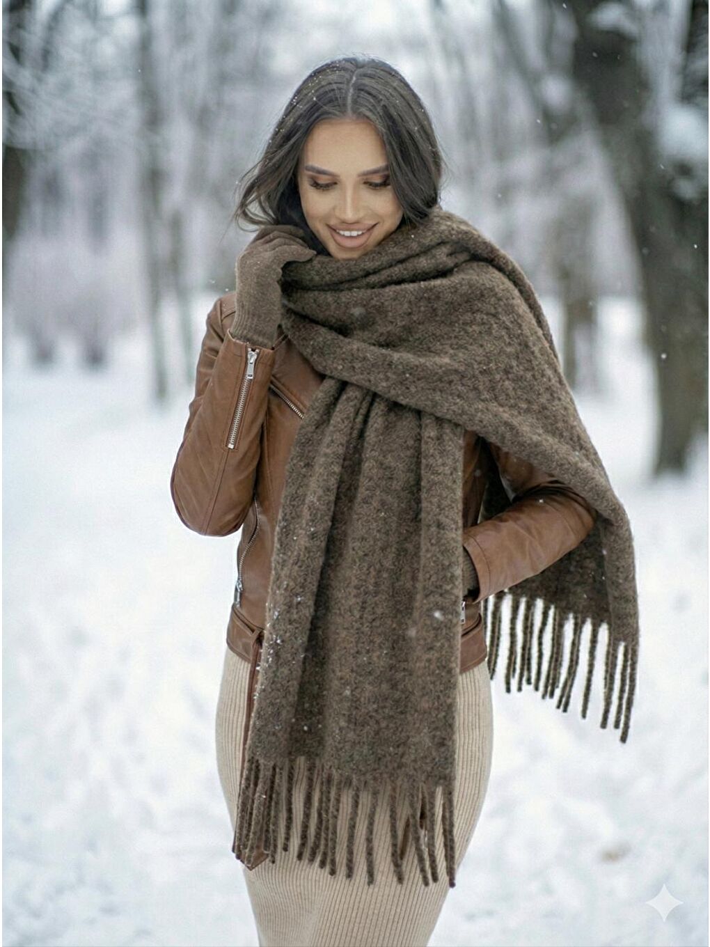 Bej Vizon Püsküllü Atkı – Şal Ve Geniş Yapı, Soğuk Hava Için Ideal Sal1296-7