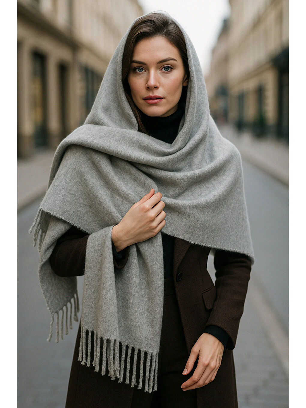 Gri Püsküllü Atkı – Şal Ve Geniş Yapı, Soğuk Hava Için Ideal Sal1296-1