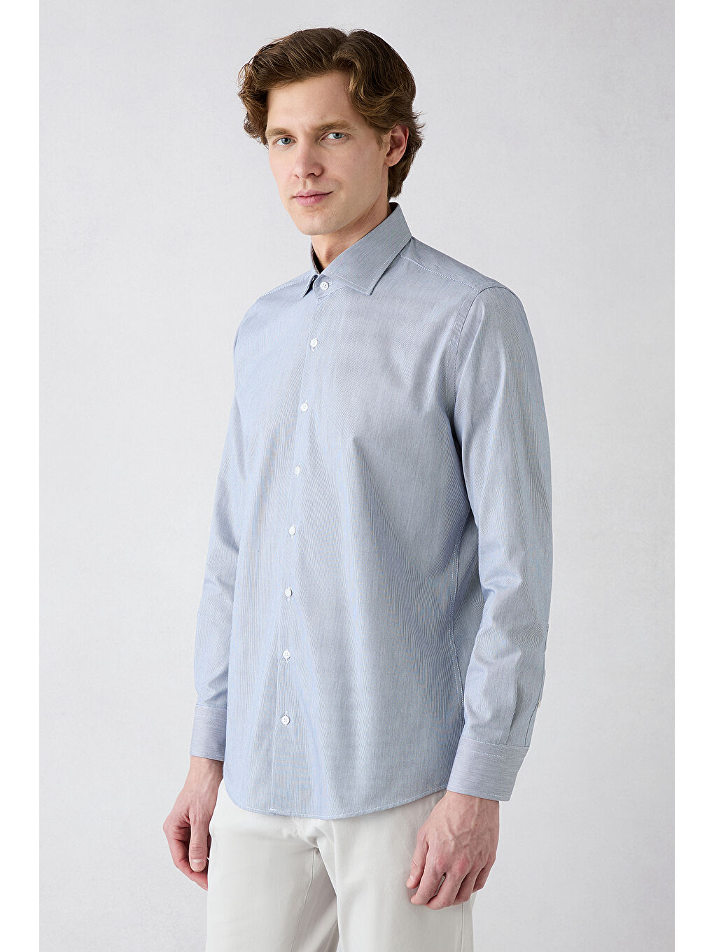 Lacivert Uzun Kol Çizgili Slim Fit Gömlek-4