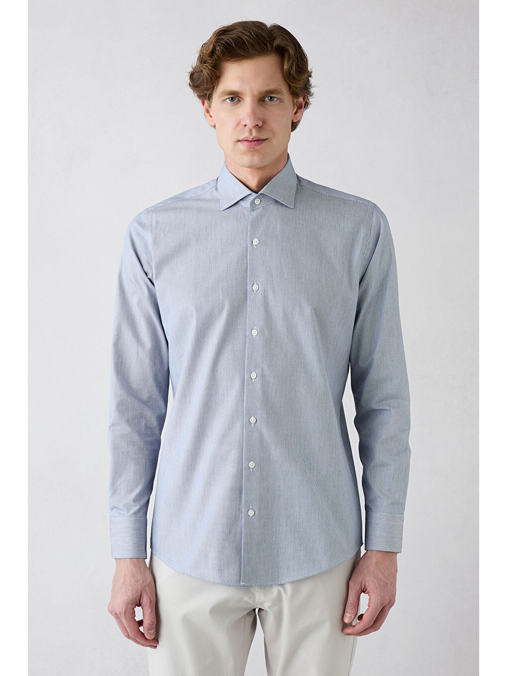 Lacivert Uzun Kol Çizgili Slim Fit Gömlek-5