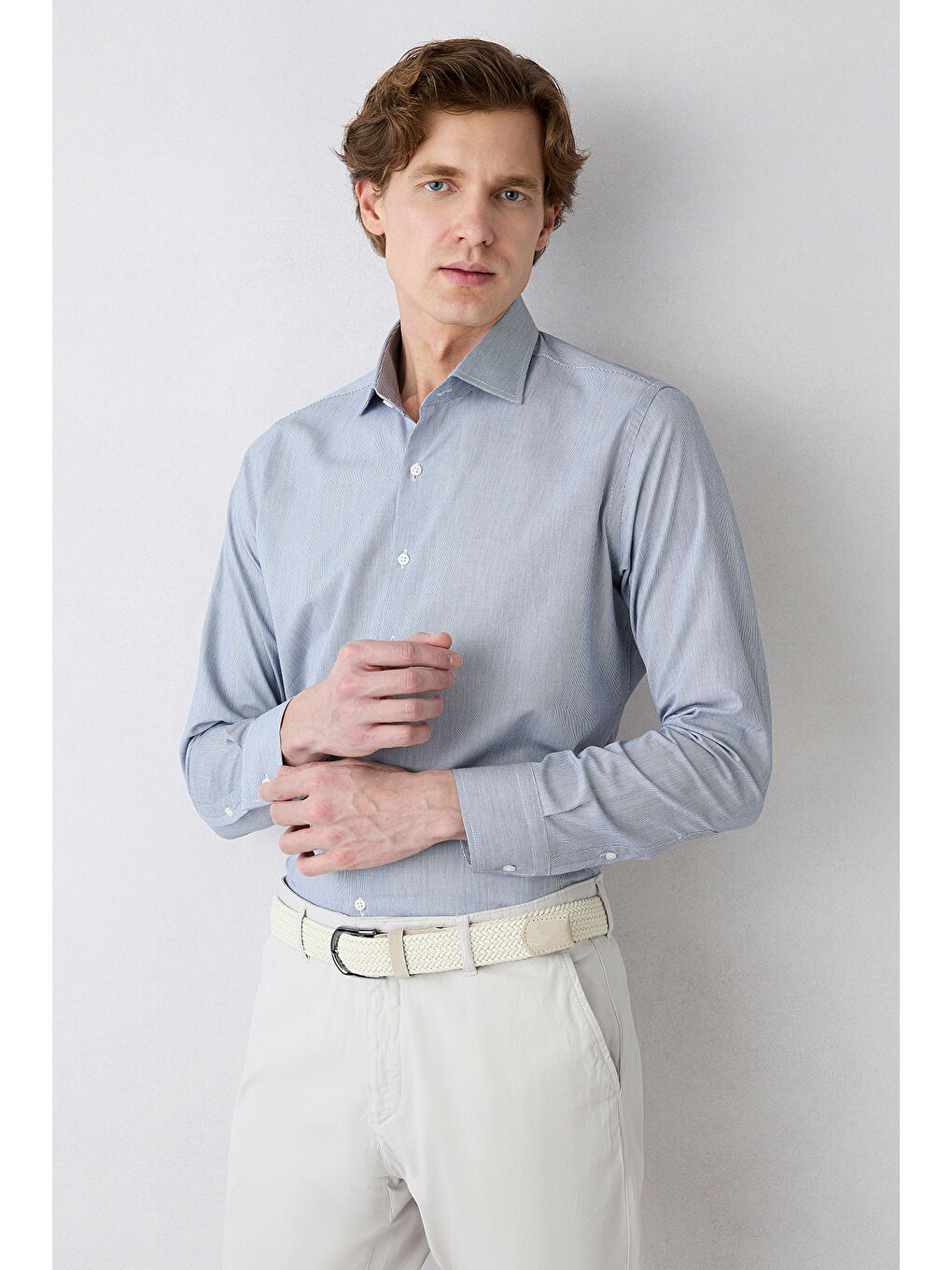 Lacivert Uzun Kol Çizgili Slim Fit Gömlek-6