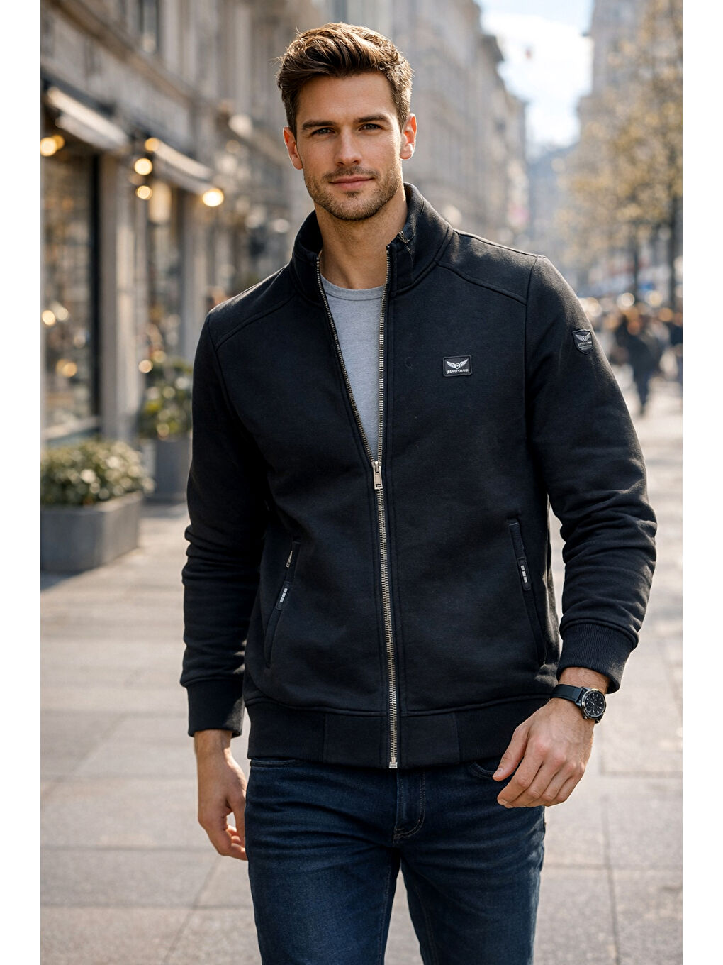 Üç İplik Şardonlu Pamuklu Önü Tek Üst Erkek Fermuarlı Sweatshirt Hırka 0347 Siyah-3