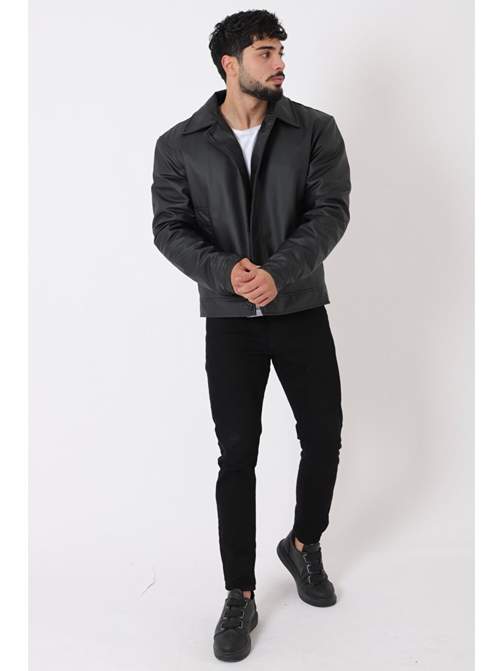 Siyah Düğmeli Suni Deri Kışlık Mont Bl 1851_50457