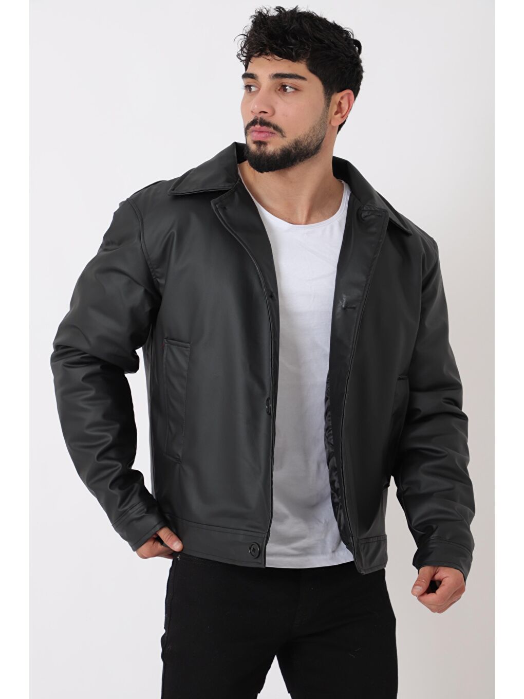 Siyah Düğmeli Suni Deri Kışlık Mont Bl 1851_50457-1