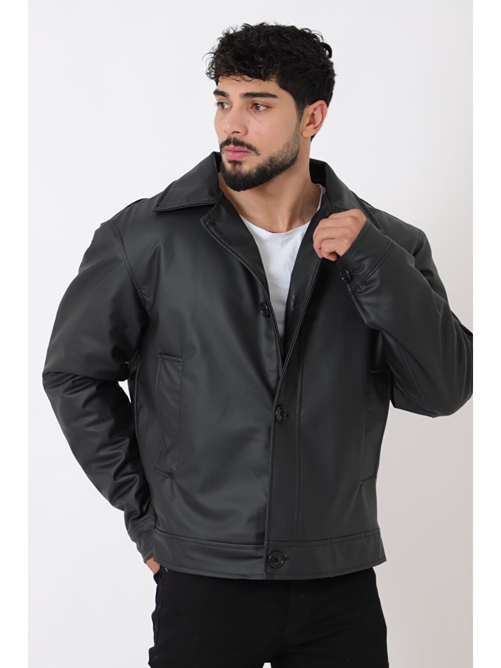 Siyah Düğmeli Suni Deri Kışlık Mont Bl 1851_50457-2