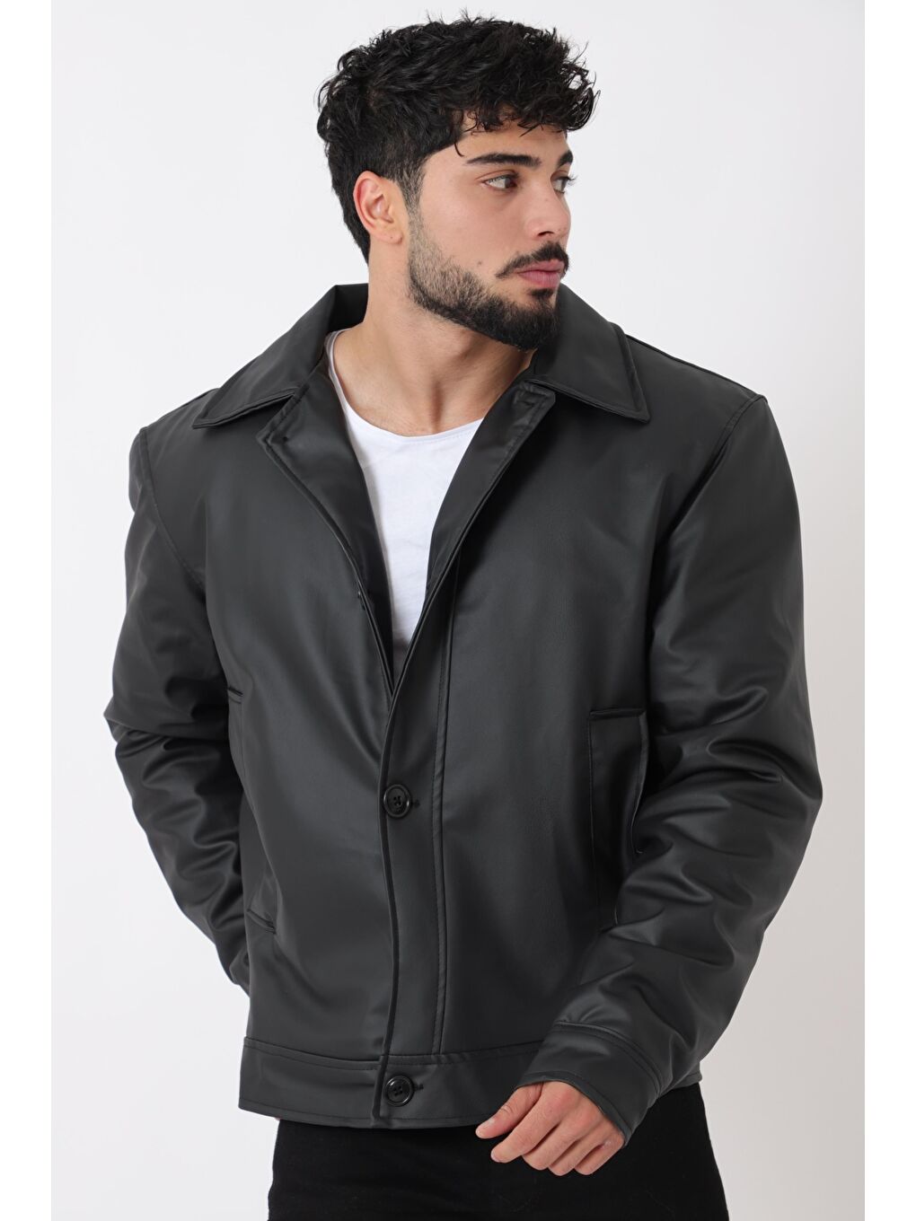 Siyah Düğmeli Suni Deri Kışlık Mont Bl 1851_50457-3