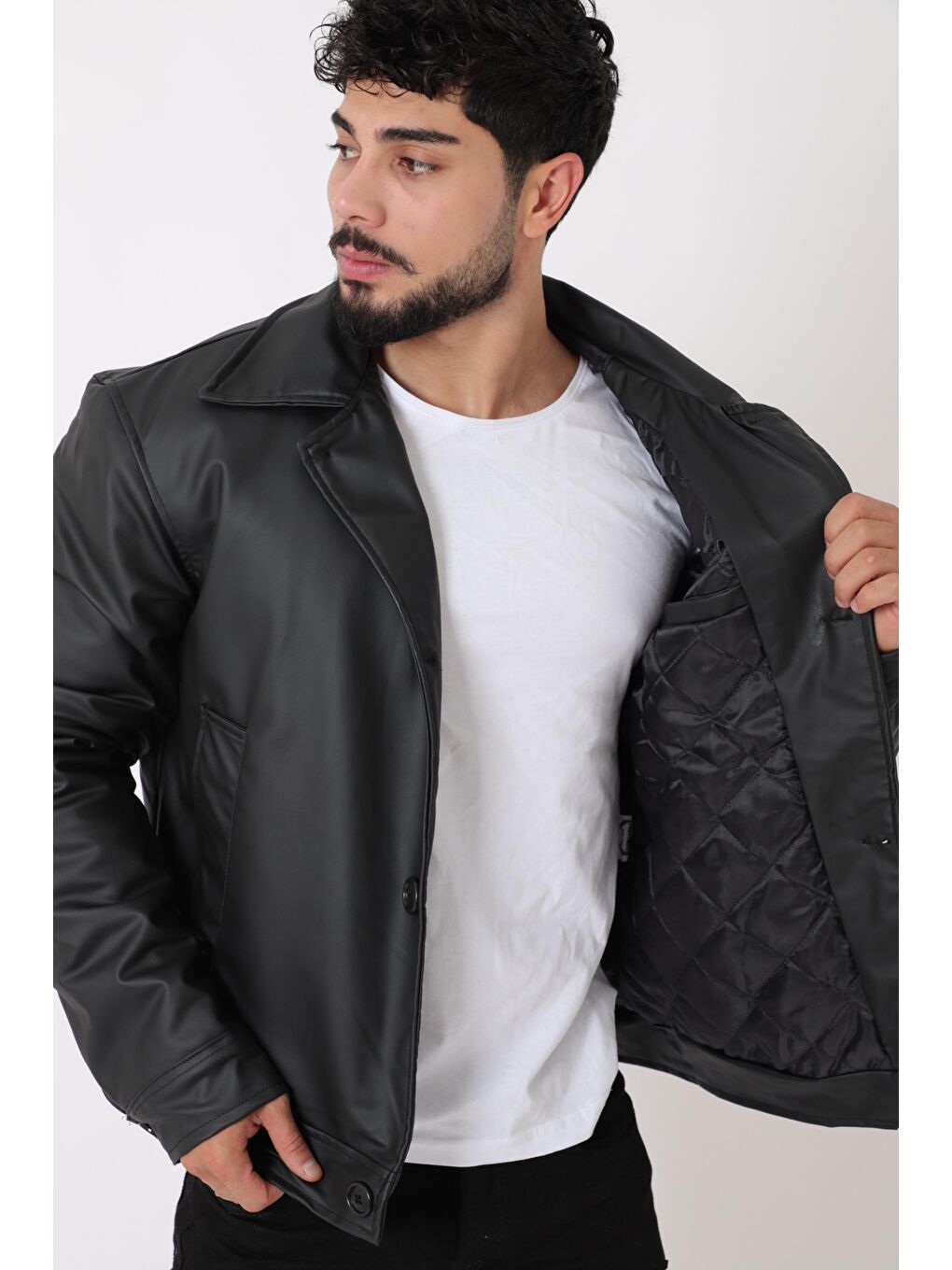 Siyah Düğmeli Suni Deri Kışlık Mont Bl 1851_50457-5