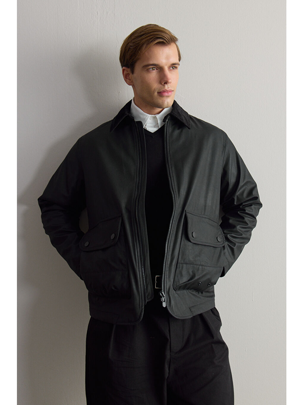 Erkek Kadife Yakalı Mont Ceket Siyah-1