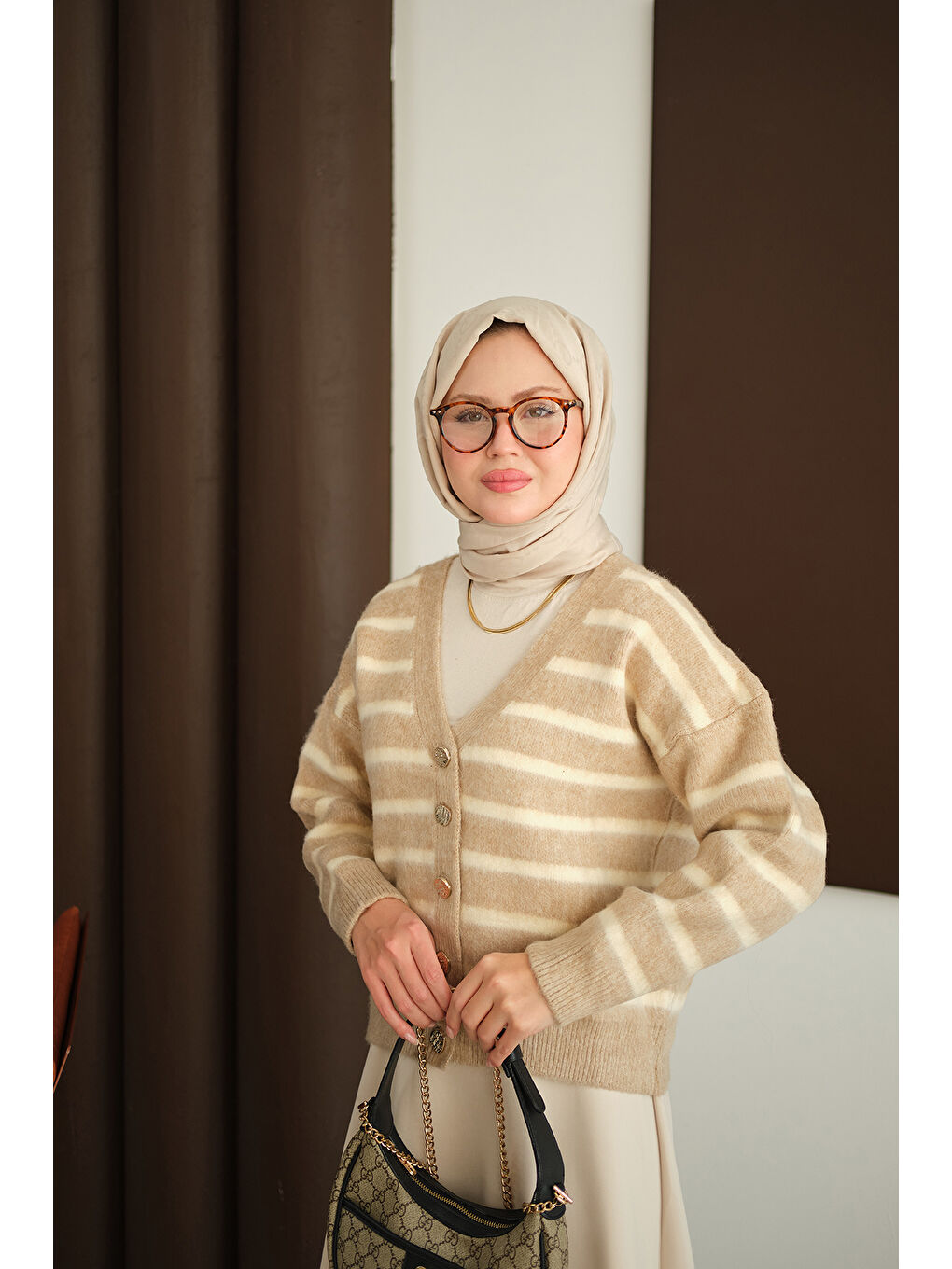 Bej Kadın Kısa Triko Hırka Vizon-3