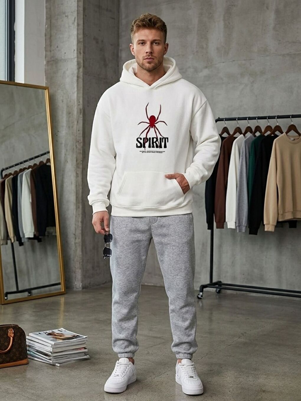 Beyaz Spirit Baskılı Oversize Kapüşonlu Erkek Hoodie