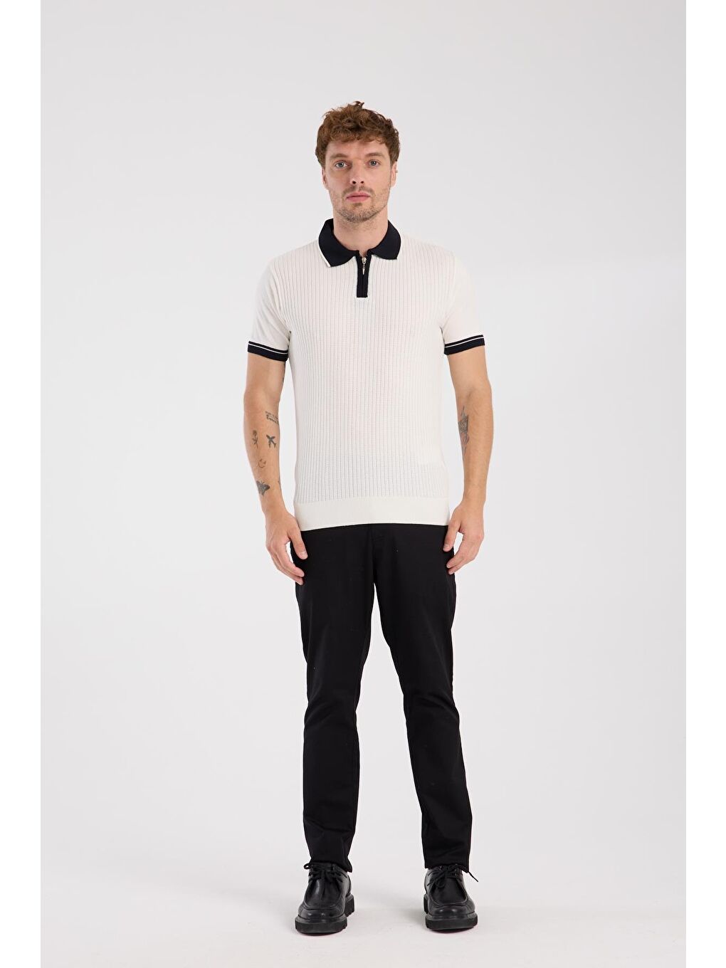 Aclub Echo Örme Kumaş Viskon Karışımlı Slim Fit Ekru Polo Yaka Erkek Desenli Polo Shirt