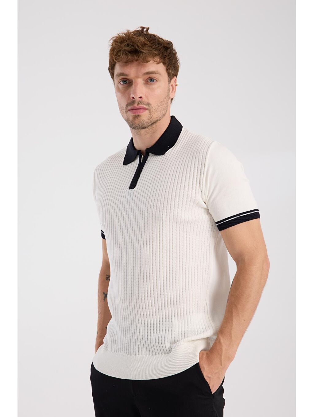Aclub Echo Örme Kumaş Viskon Karışımlı Slim Fit Ekru Polo Yaka Erkek Desenli Polo Shirt-2