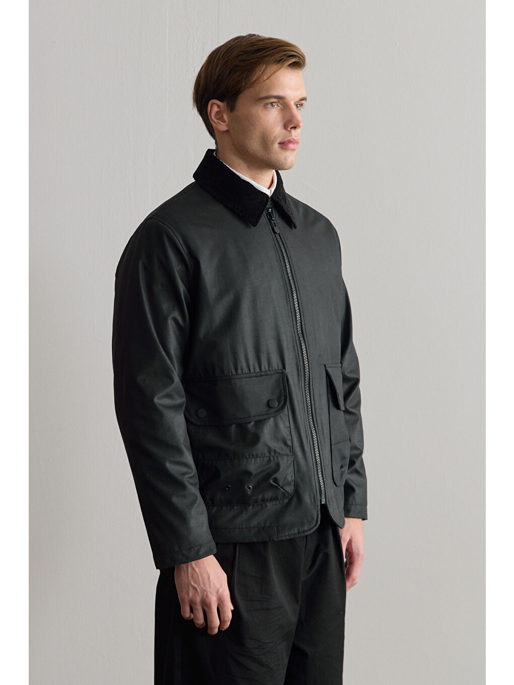 Erkek Kadife Yakalı Mont Ceket Siyah-5