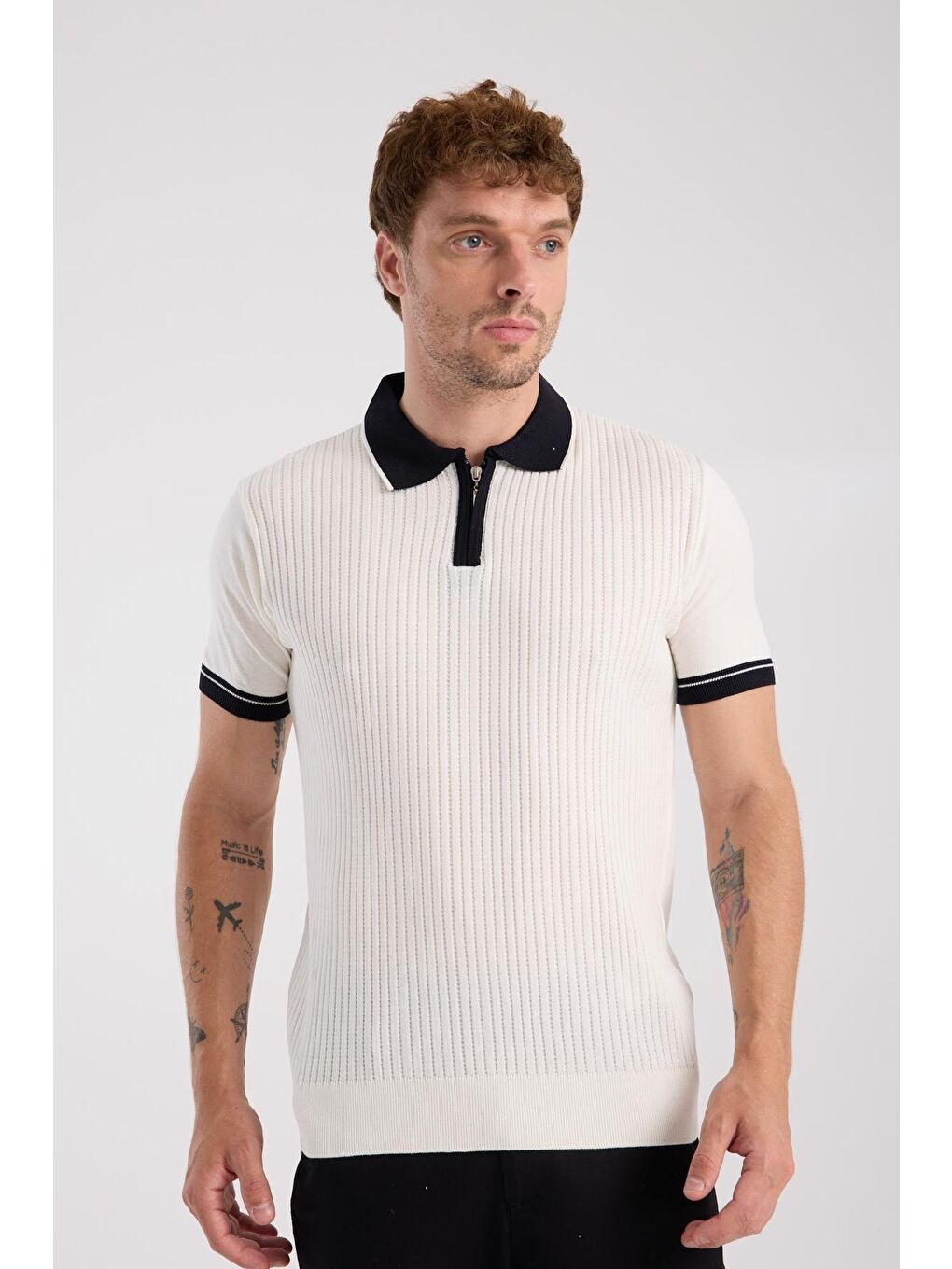 Aclub Echo Örme Kumaş Viskon Karışımlı Slim Fit Ekru Polo Yaka Erkek Desenli Polo Shirt-5