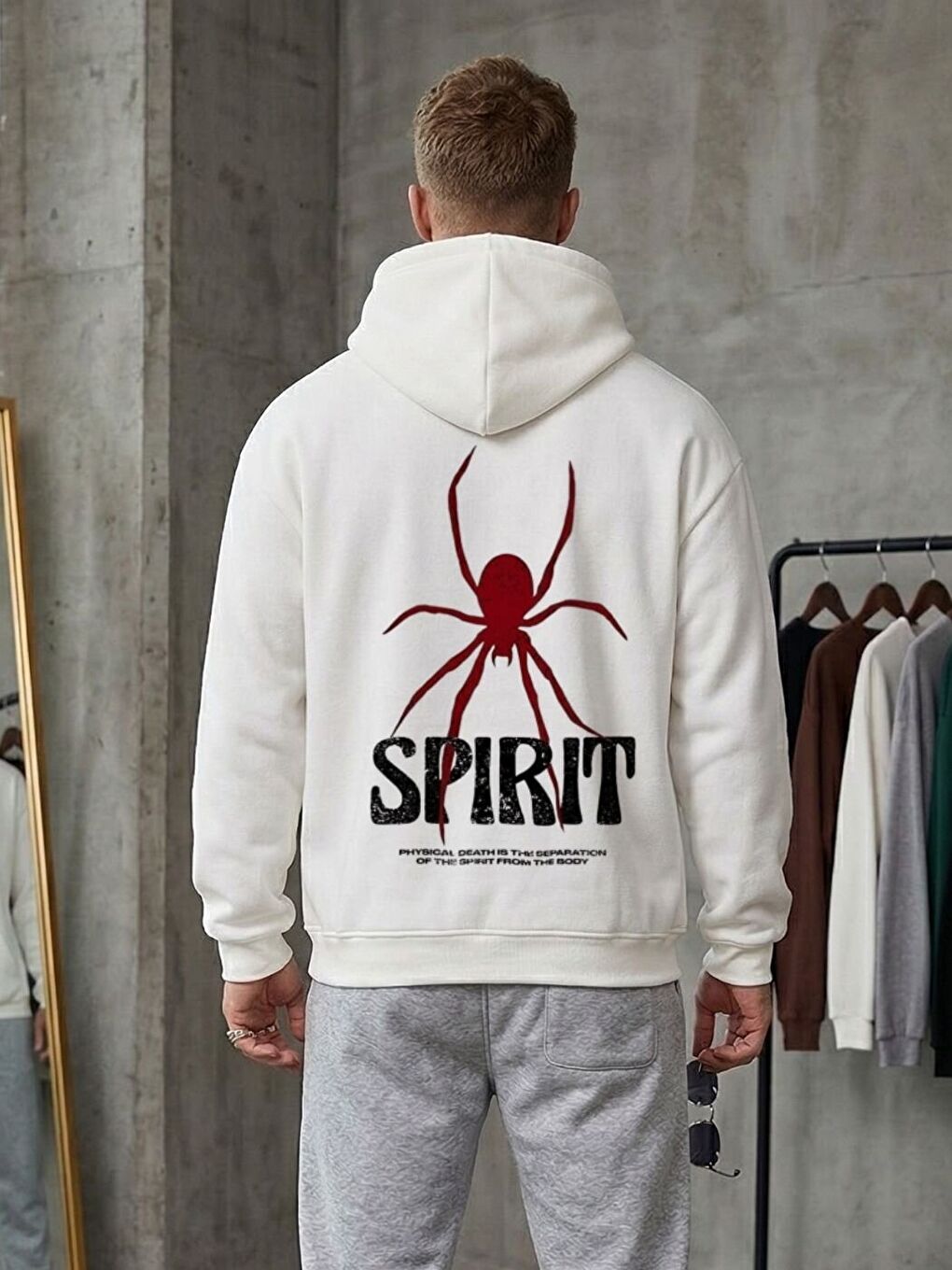 Beyaz Spirit Baskılı Oversize Kapüşonlu Erkek Hoodie-1
