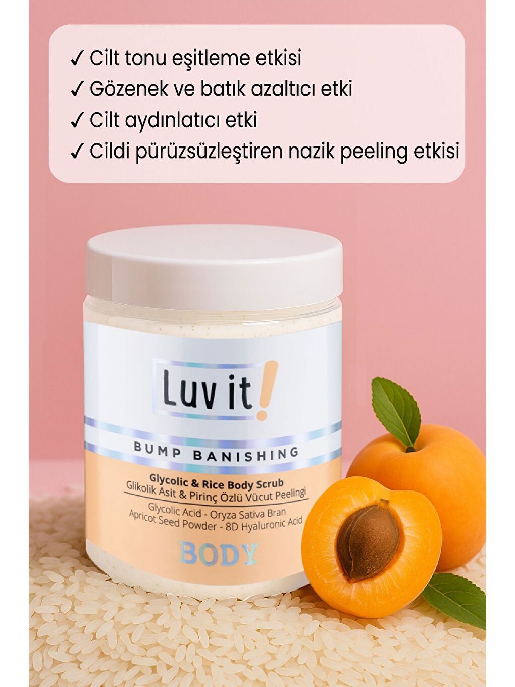 Glikolik Asit Vücut Peelingi - Pirinç Özlü Hyaluronik Asit İçeren Body Scrub 250 ml-4