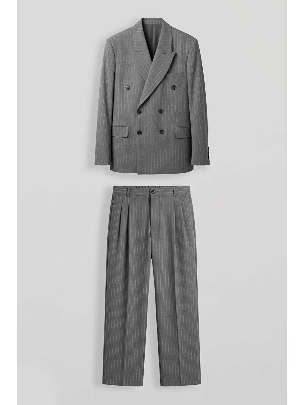 Erkek Oversize Kruvaze Çizgili Modern Takım Elbise Gri