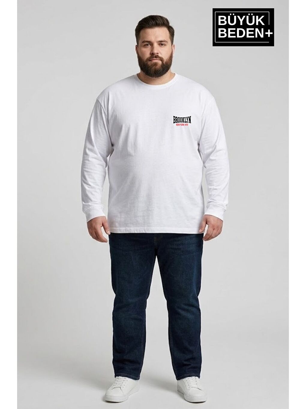 Beyaz Erkek Büyük Beden 1970 Brooklyn Baskılı 2 İplik Bisiklet Yaka Tişört SPR26BTS942-3