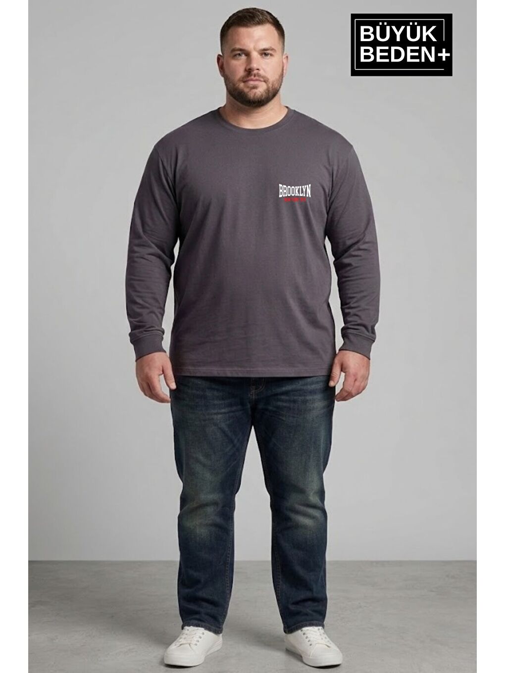 Gri Erkek Büyük Beden 1970 Brooklyn Baskılı 2 İplik Bisiklet Yaka Tişört SPR26BTS942-3