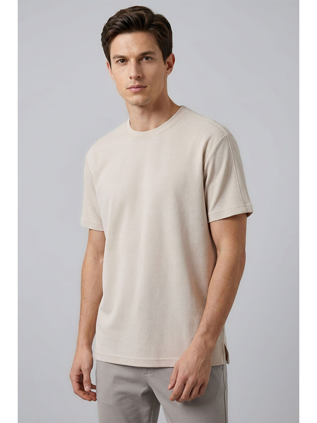 Bej Rahat Form Esnek Nefes Alabilir Erkek T-Shirt - 88495-1