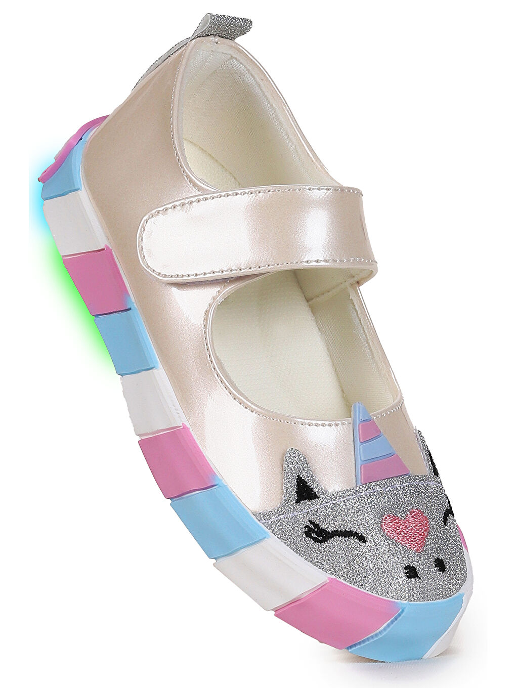 Beyaz Gilan Cırtlı Işıklı Kız Çocuk Babet Ayakkabı