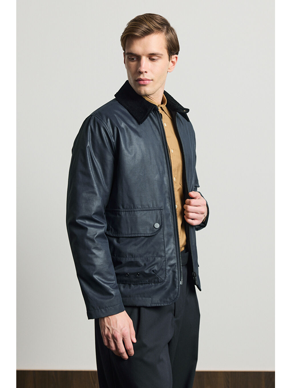 Erkek Kadife Yakalı Mont Ceket Lacivert-3