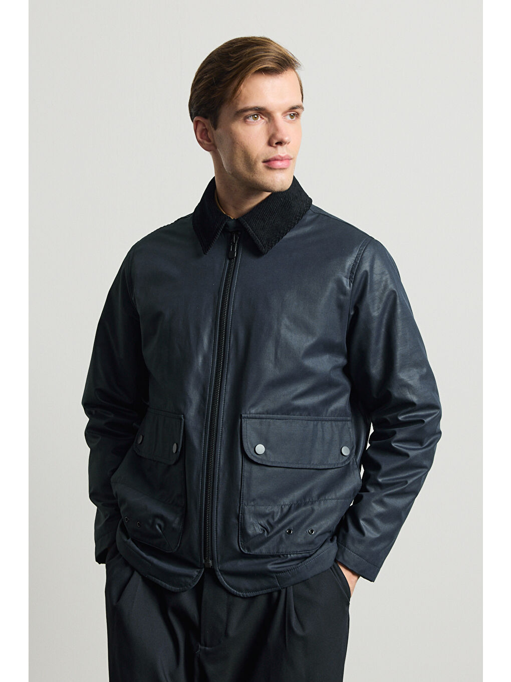 Erkek Kadife Yakalı Mont Ceket Lacivert-5