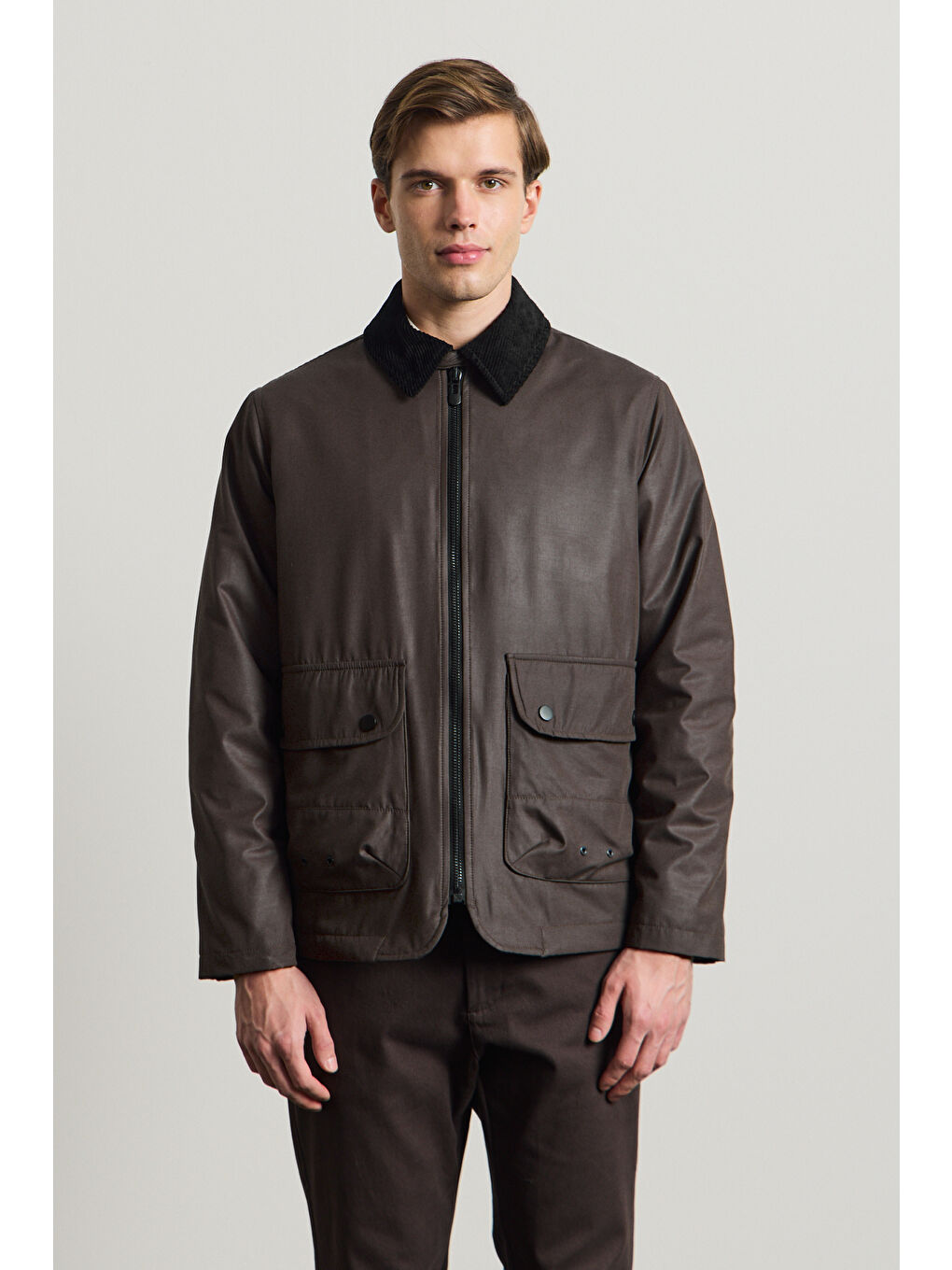 Erkek Kadife Yakalı Mont Ceket Kahverengi-2