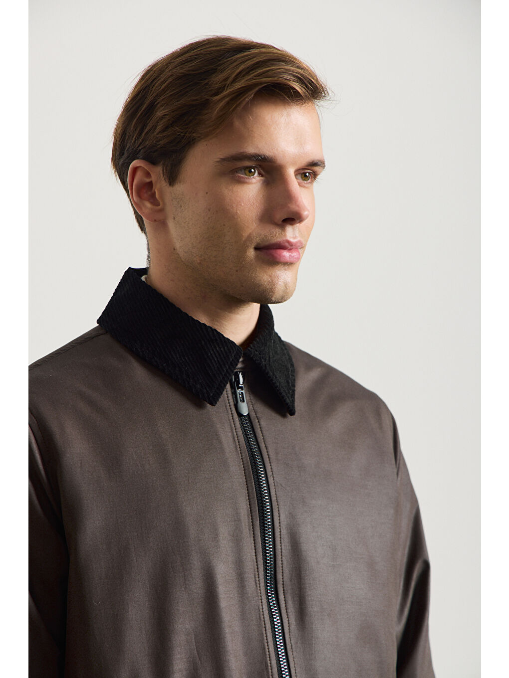 Erkek Kadife Yakalı Mont Ceket Kahverengi-3