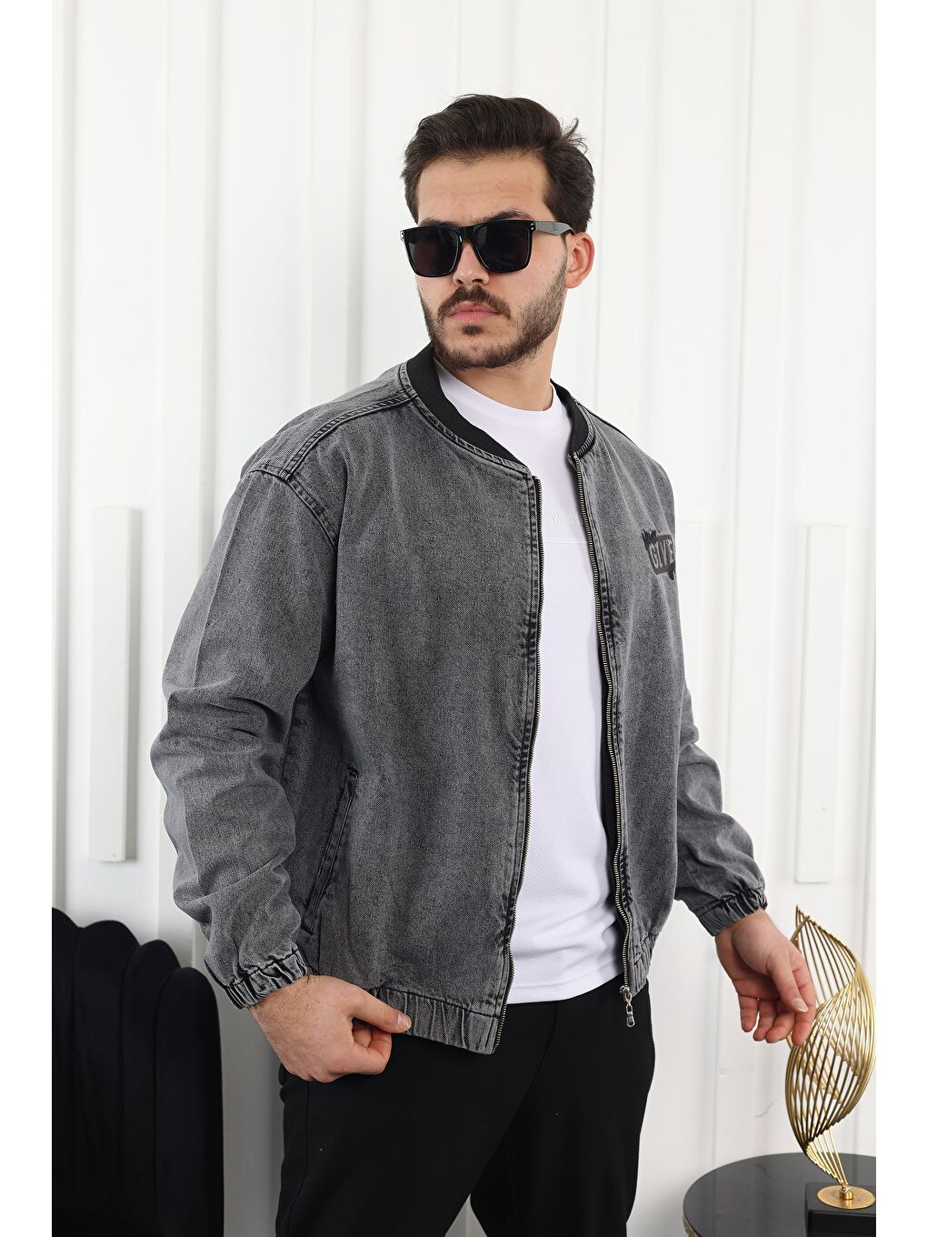 Antrasit Erkek Fermuarlı Bomber Jean Ceket