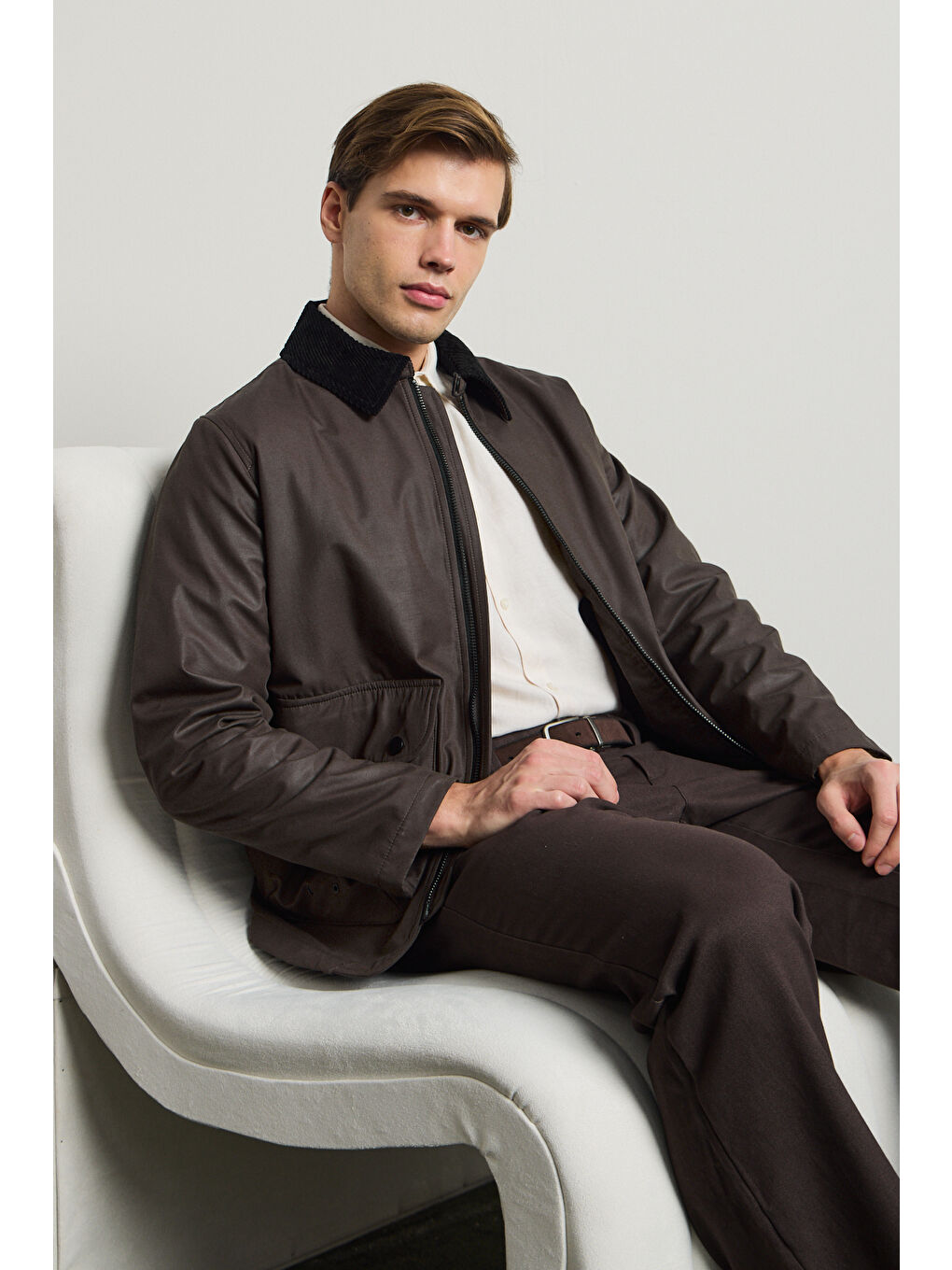 Erkek Kadife Yakalı Mont Ceket Kahverengi-7