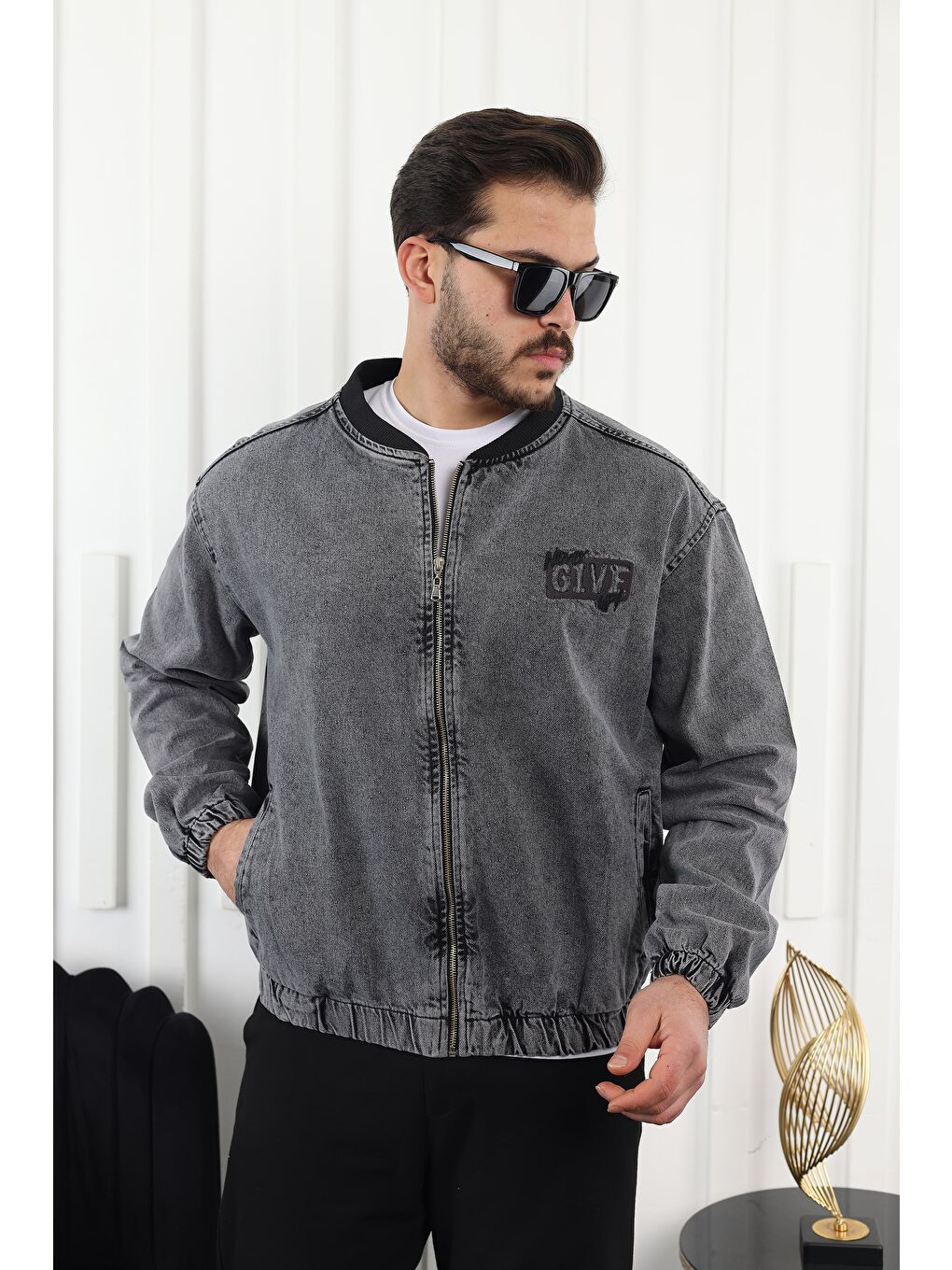 Antrasit Erkek Fermuarlı Bomber Jean Ceket-1