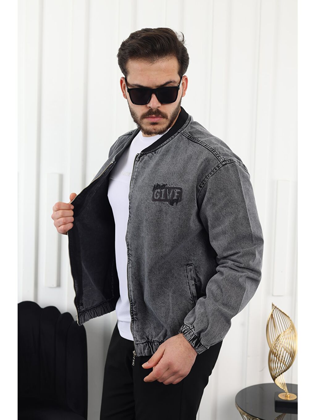 Antrasit Erkek Fermuarlı Bomber Jean Ceket-2