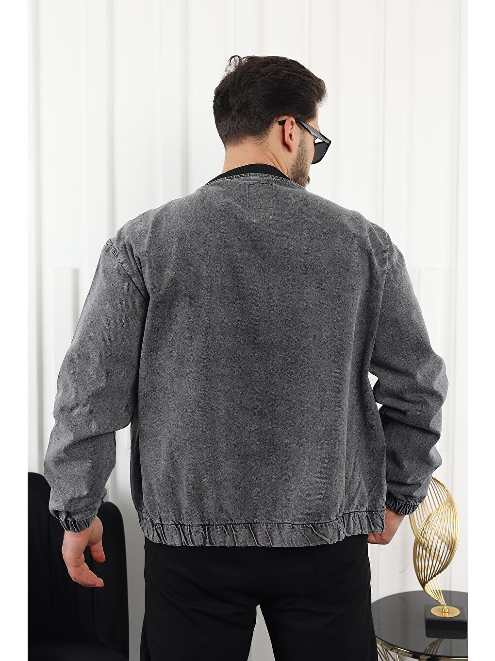 Antrasit Erkek Fermuarlı Bomber Jean Ceket-3