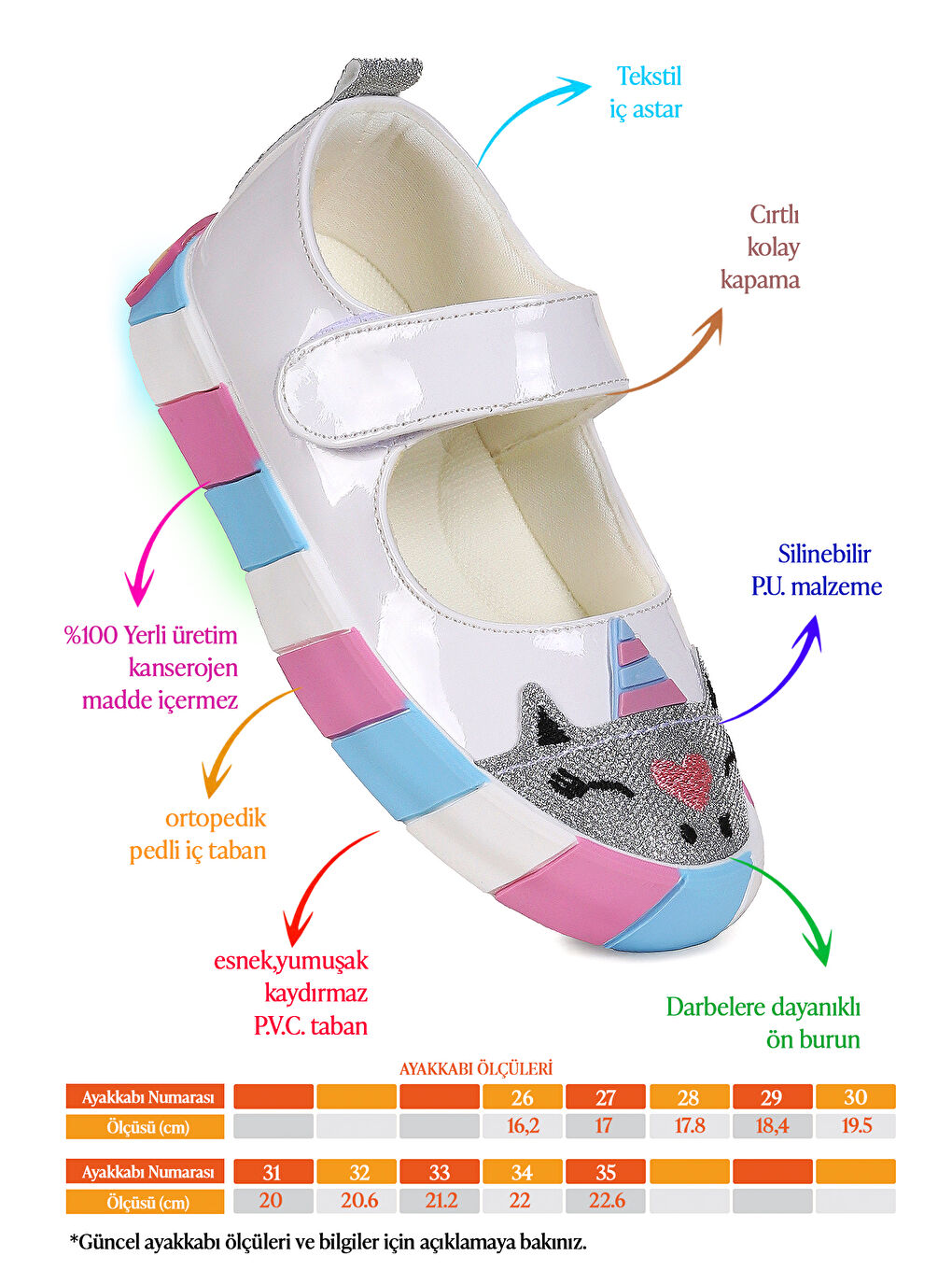 Beyaz Gilan Cırtlı Işıklı Kız Çocuk Babet Ayakkabı-1