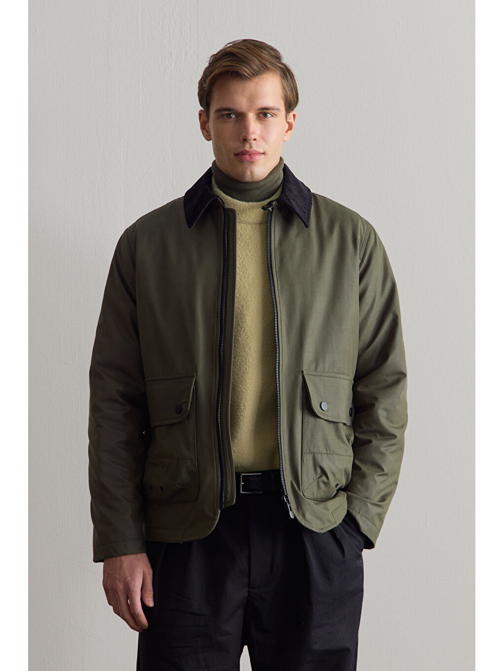 Erkek Kadife Yakalı Mont Ceket Yeşil