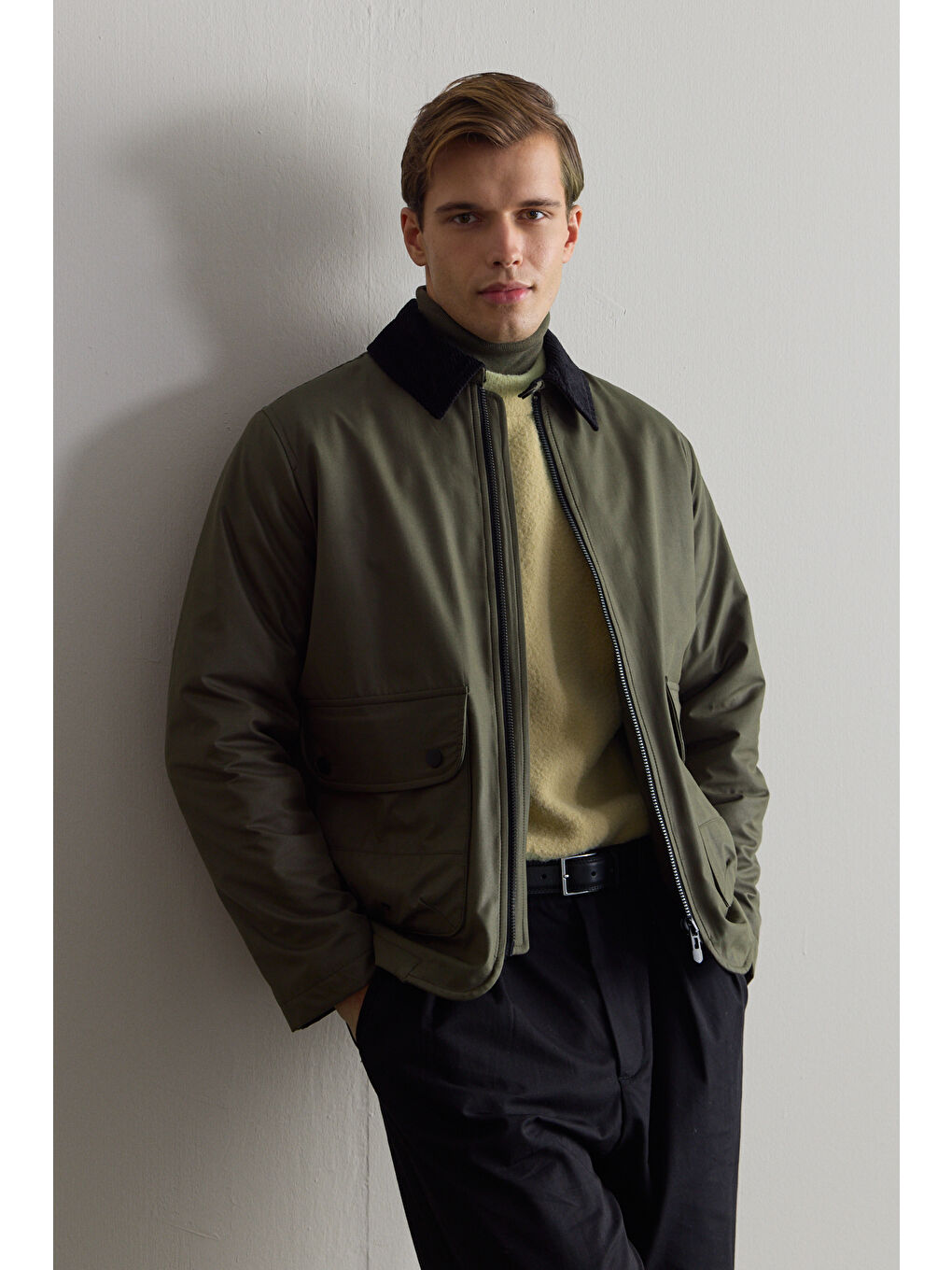 Erkek Kadife Yakalı Mont Ceket Yeşil-2