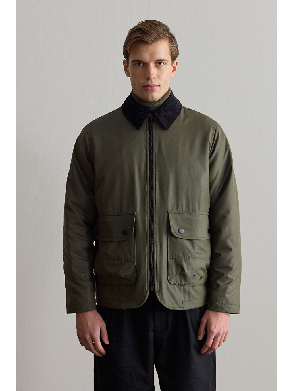 Erkek Kadife Yakalı Mont Ceket Yeşil-3