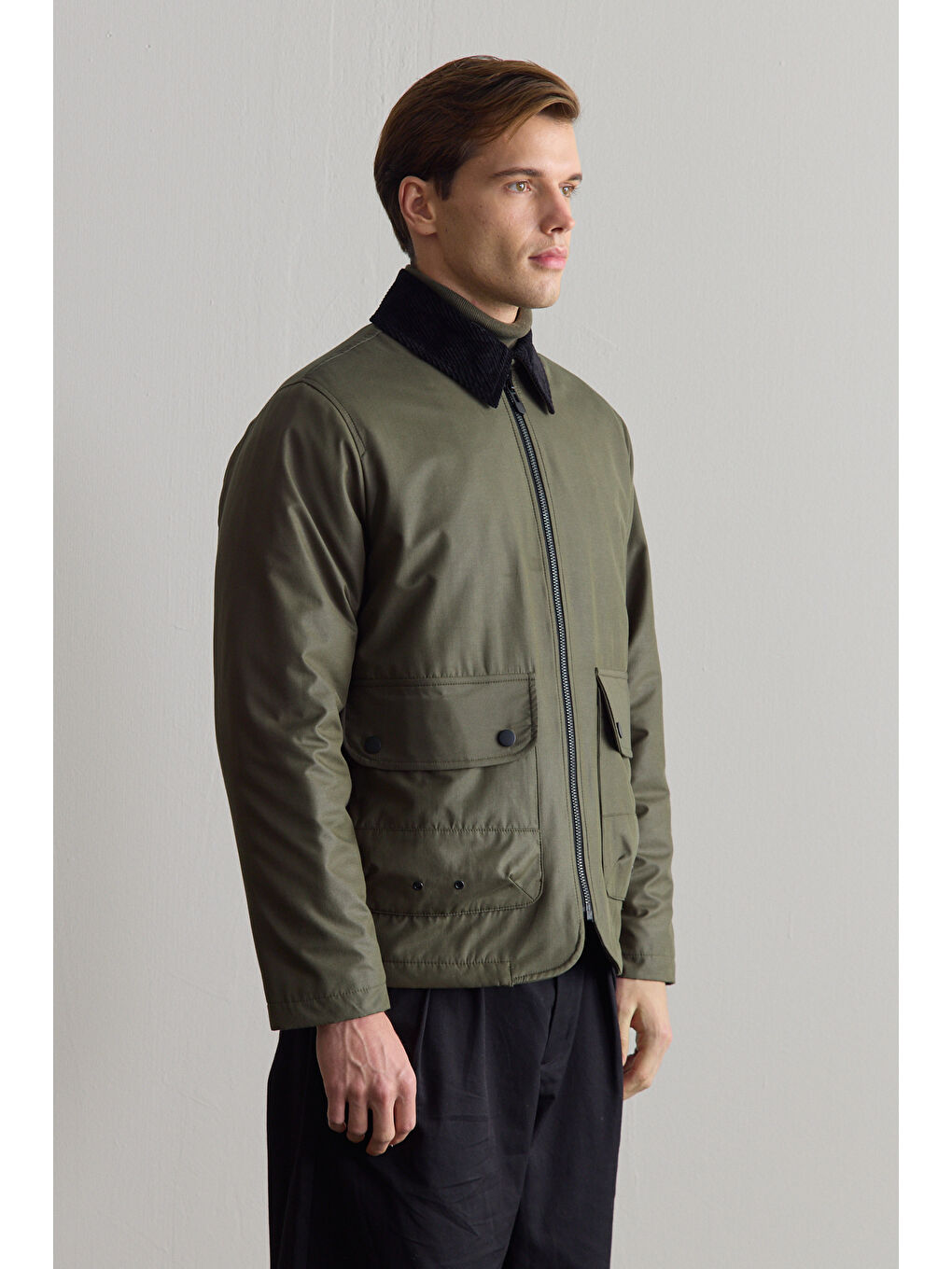 Erkek Kadife Yakalı Mont Ceket Yeşil-4