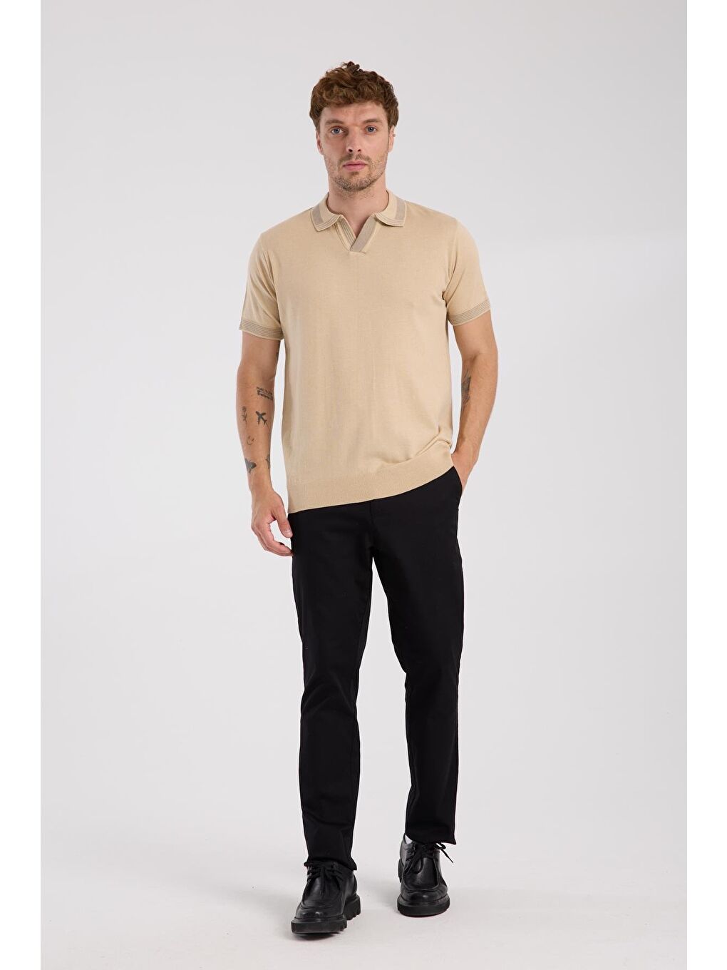 Aclub Victor Örme Kumaş Viskon Karışımlı Slim Fit Koyu Bej Polo Yaka Erkek Düz Polo Shirt-1