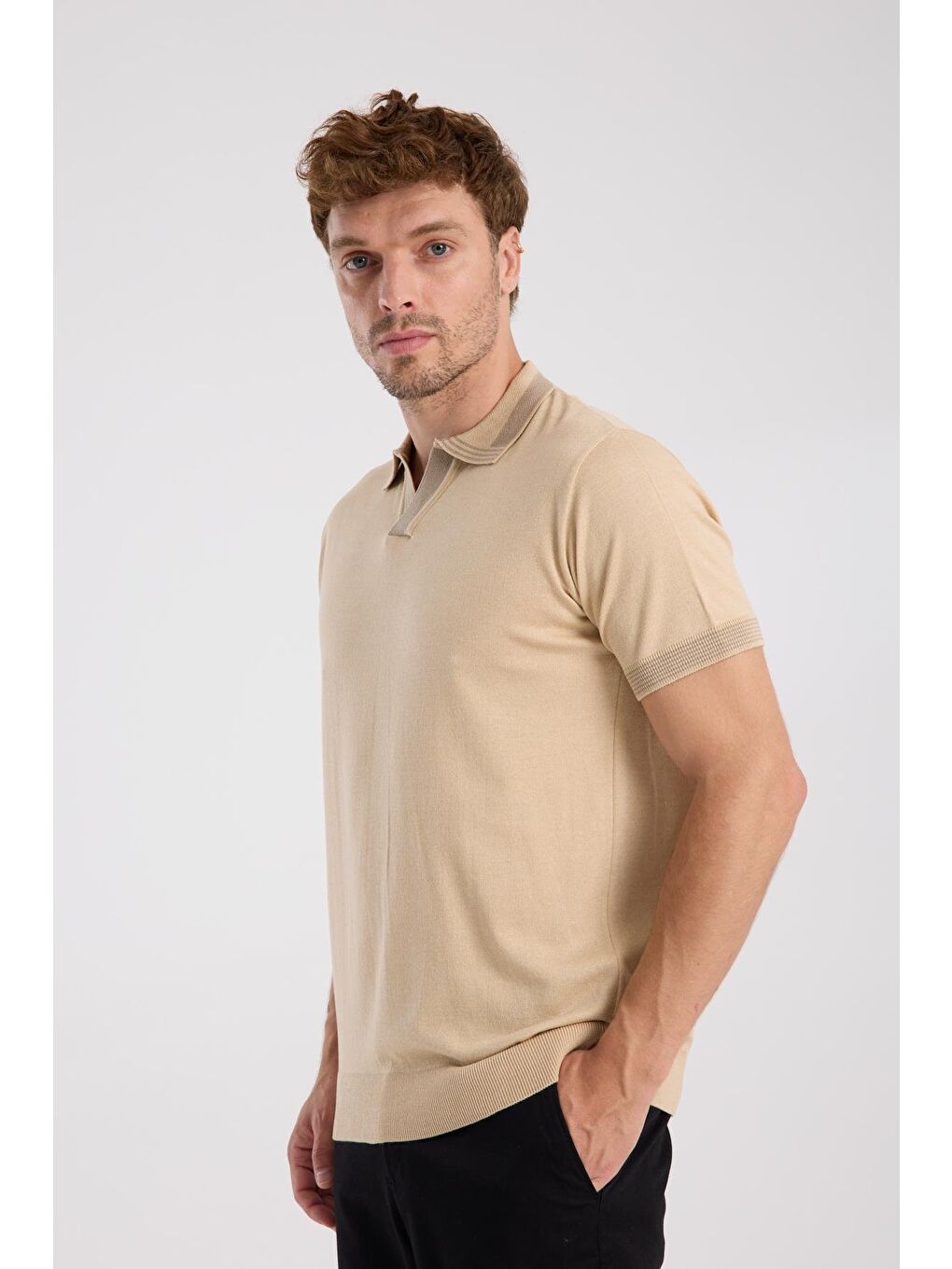 Aclub Victor Örme Kumaş Viskon Karışımlı Slim Fit Koyu Bej Polo Yaka Erkek Düz Polo Shirt-4