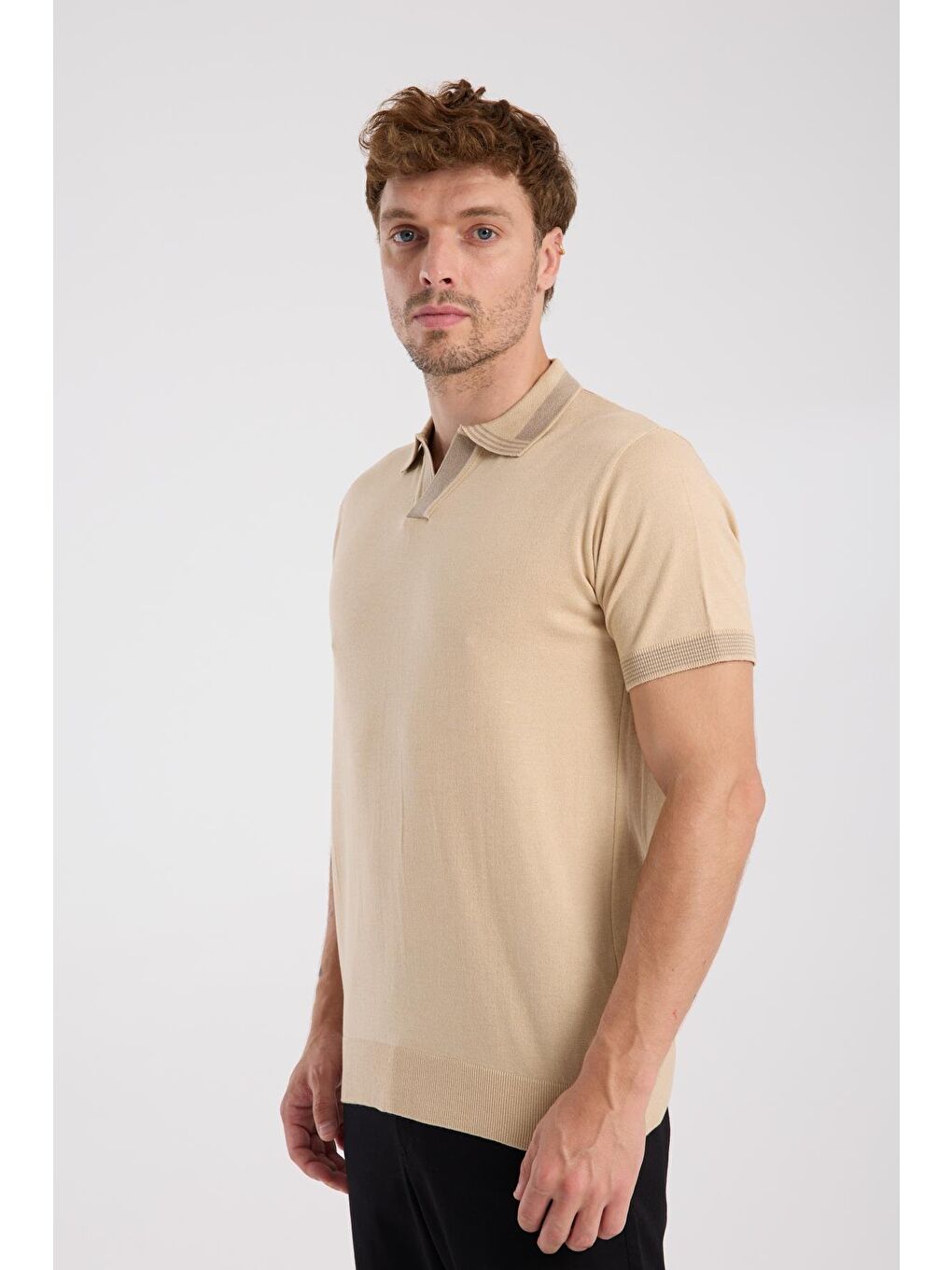 Aclub Victor Örme Kumaş Viskon Karışımlı Slim Fit Koyu Bej Polo Yaka Erkek Düz Polo Shirt-5