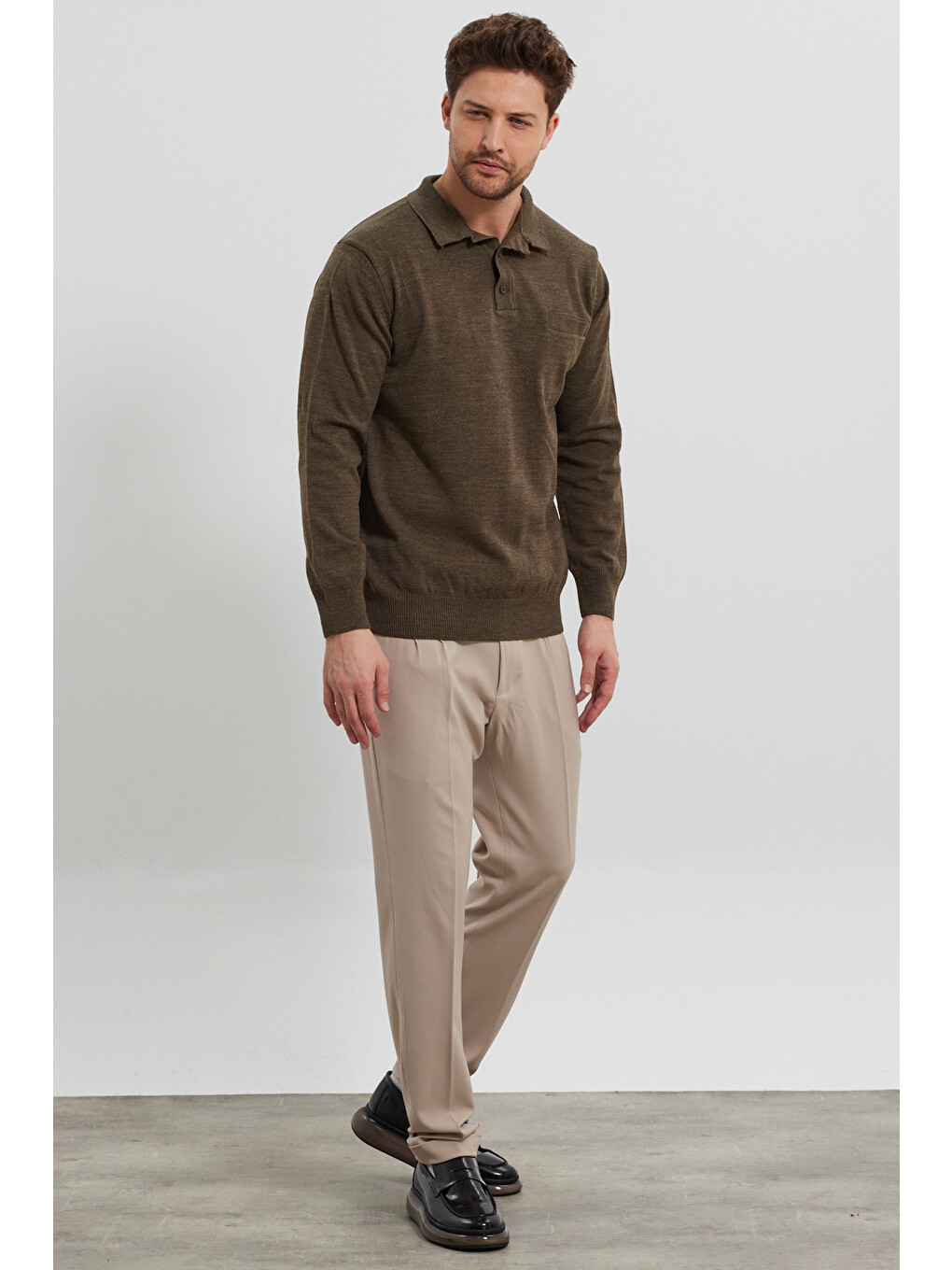 Bej Erkek Standart Fit Polo Yaka Cepli Triko Kazak-5