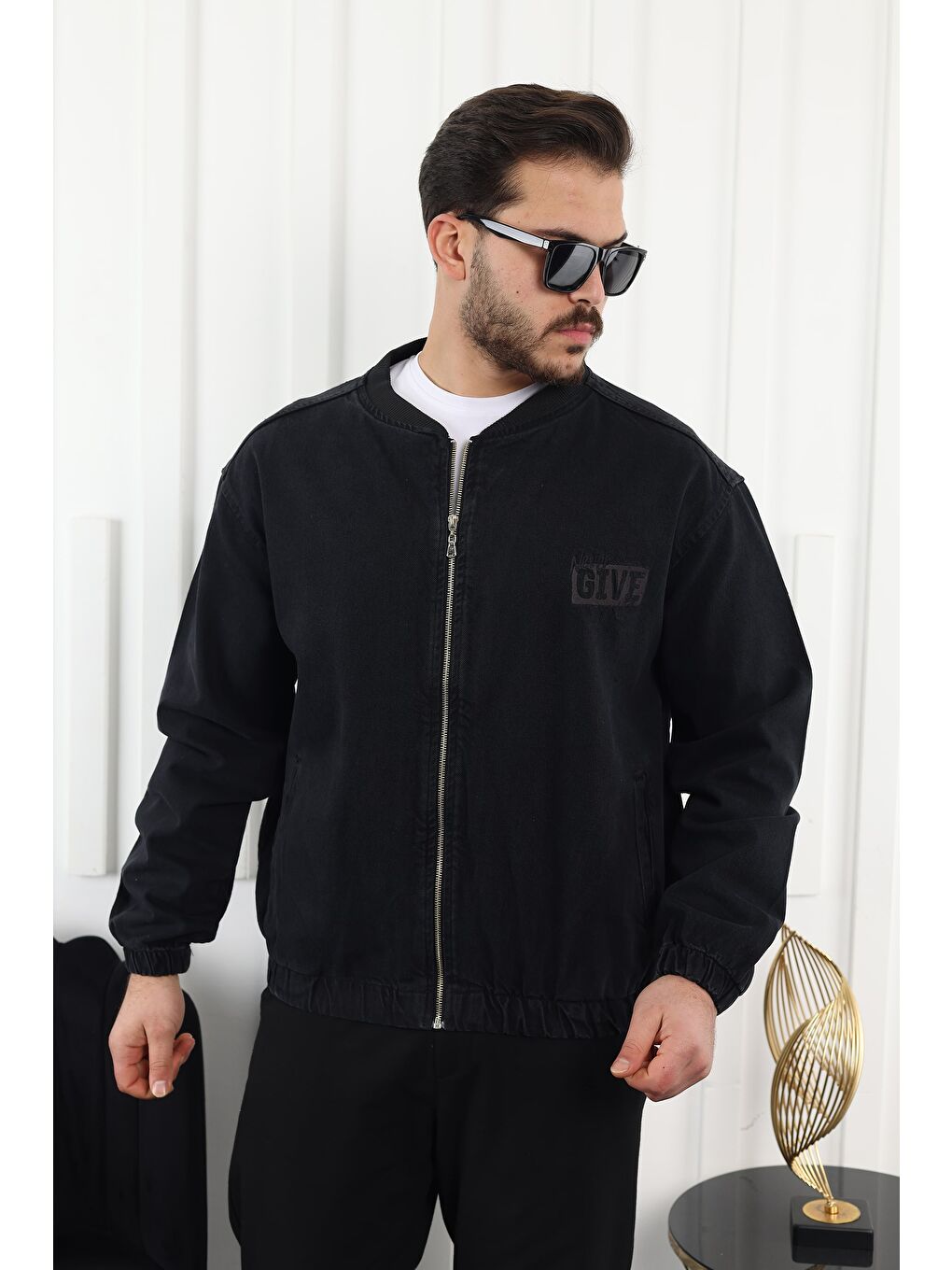 Siyah Erkek Fermuarlı Bomber Jean Ceket-1