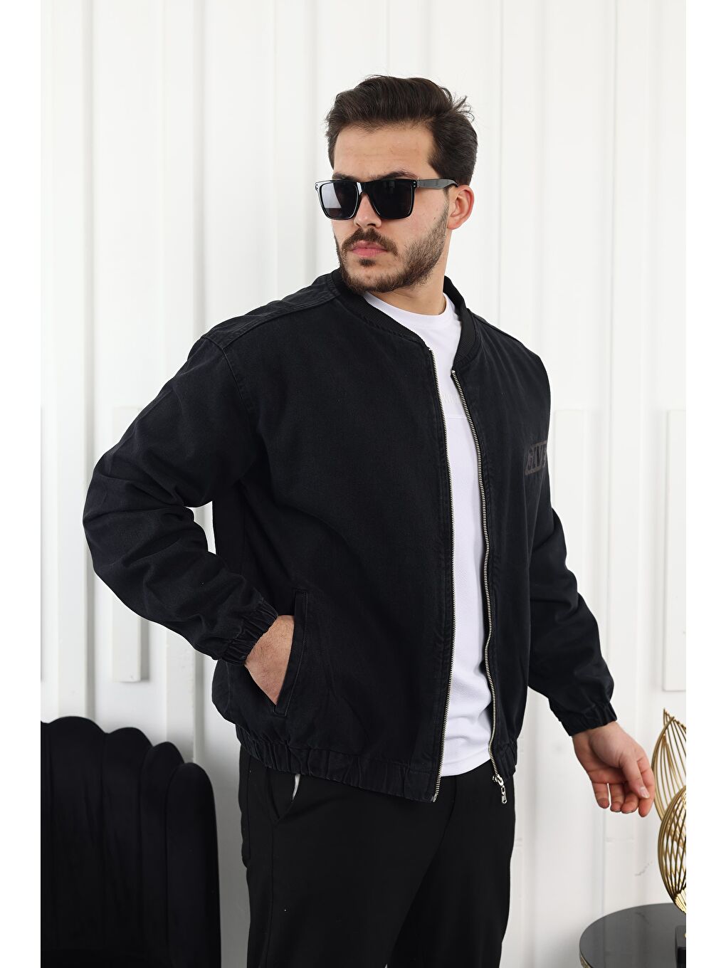 Siyah Erkek Fermuarlı Bomber Jean Ceket-2