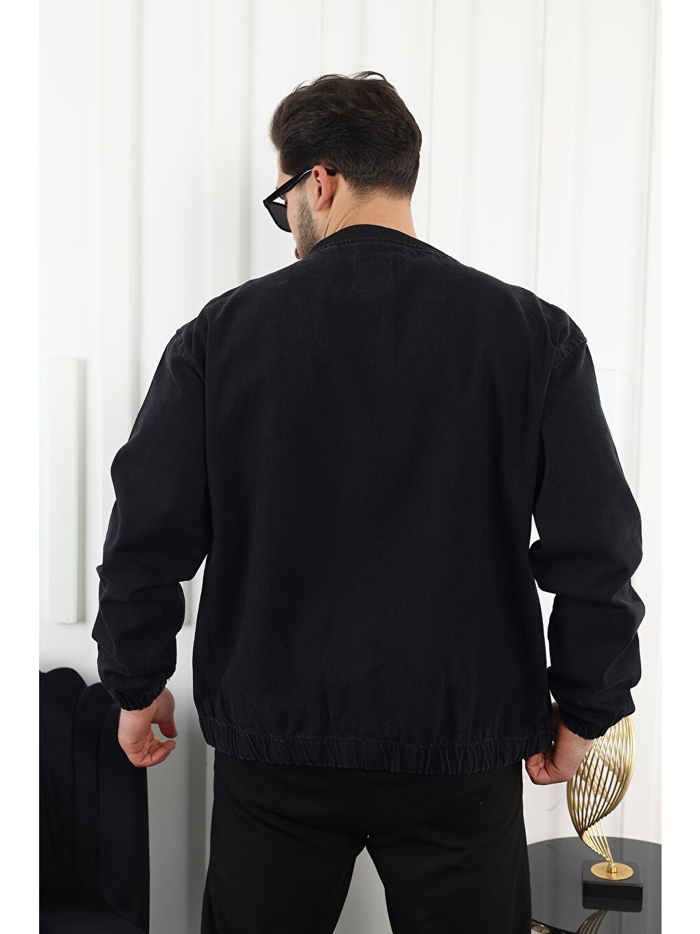 Siyah Erkek Fermuarlı Bomber Jean Ceket-3