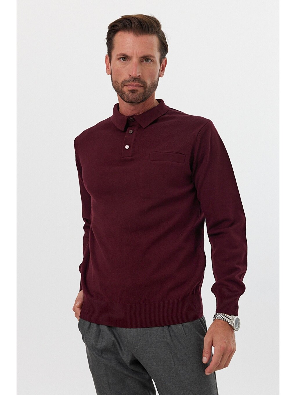 Bordo Erkek Standart Fit Polo Yaka Cepli Triko Kazak